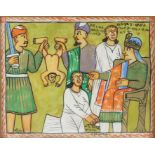 20th Century Sudanese painting, on vellum showing figures and a man on a throne, 24cm x 19cm