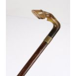 Horn handled walking stick, the grip carved as a horses hoof, 89cm high