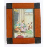 19th Century Indian school, gouache on alabaster of a figural scene, 10cm x 13cm