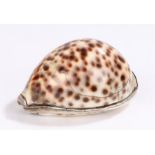 19th Century white metal mounted cowrie shell snuff box, dated to one end 1821 and the opposing