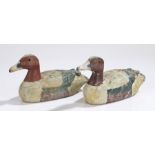 Pair of Decoy ducks, in cream, grey and red, 24cm long, (2)