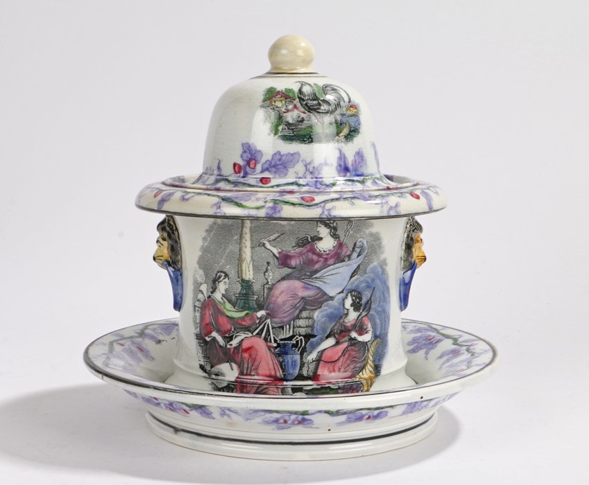 Crystal Palace and the Great Exhibition interest, a pottery transfer decorated pot and cover on