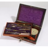 Rosewood cased drawing set, with a John Heywood's leaflet inside, the case 24cm long