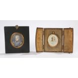 Two portrait miniatures, the first of an oil on ivory of a19th Century Officer with a blue tunic,