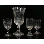 Glasses, to include a Great Eastern Railways glass, another glass and a glass with etched leaf