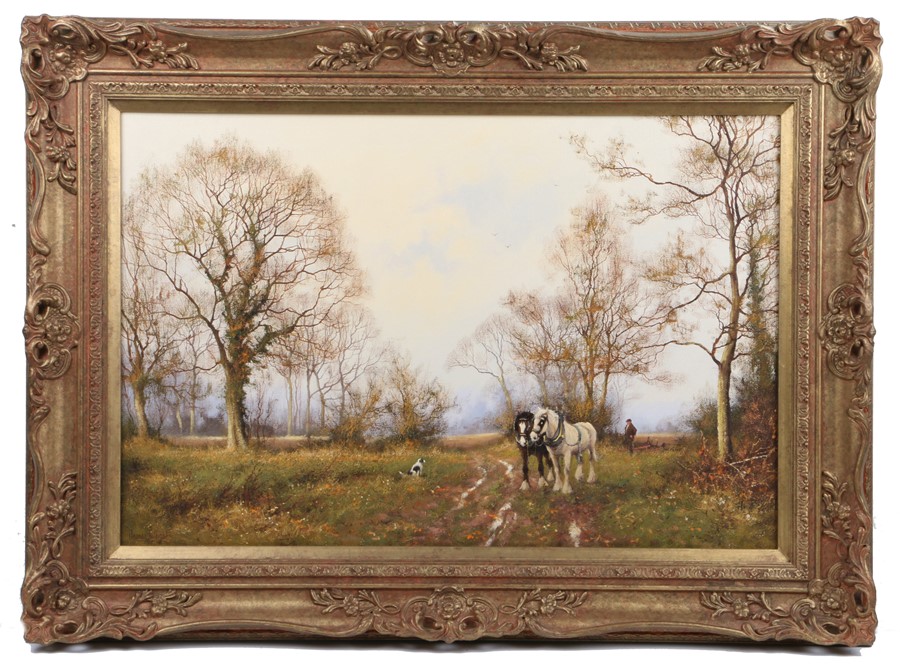 James Wright (B1935), Two horses, horseman and dog in a wooded landscape, signed oil on canvas,