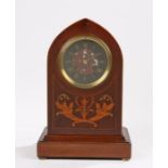 Edwardian mahogany and marquetry inlaid mantel clock, the arched case with cornucopia and foliate