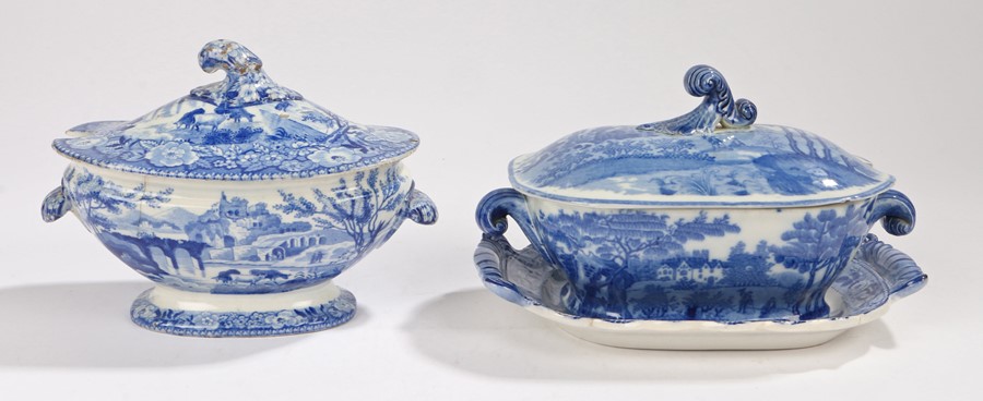 19th Century blue and white transfer decorated tureen and cover, Robert Hamilton Ruined Castle