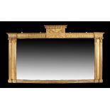 Regency gilt gesso overmantle mirror, the rectangular mirror plate within a double column edge and