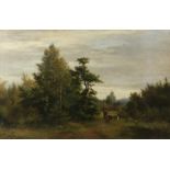 Ewan Geddes, (1866-1935) Hunter and his dogs in a wooded landscape, signed and dated 1850, 99cm x