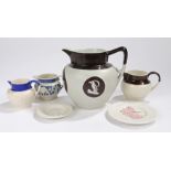 19th Century pottery, to include a jug with jasper panels, three smaller jugs and two creamware