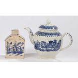 Early 19th Century pearlware tea caddy, with a Chinese pagoda scene, together with a Buffalo pattern