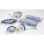 Collection of blue and white transfer decorated pottery, to include a toilet box, a pen tray, a
