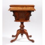 Victorian walnut work box, the rectangular top above a tapering basket and cabriole legs, 48cm x