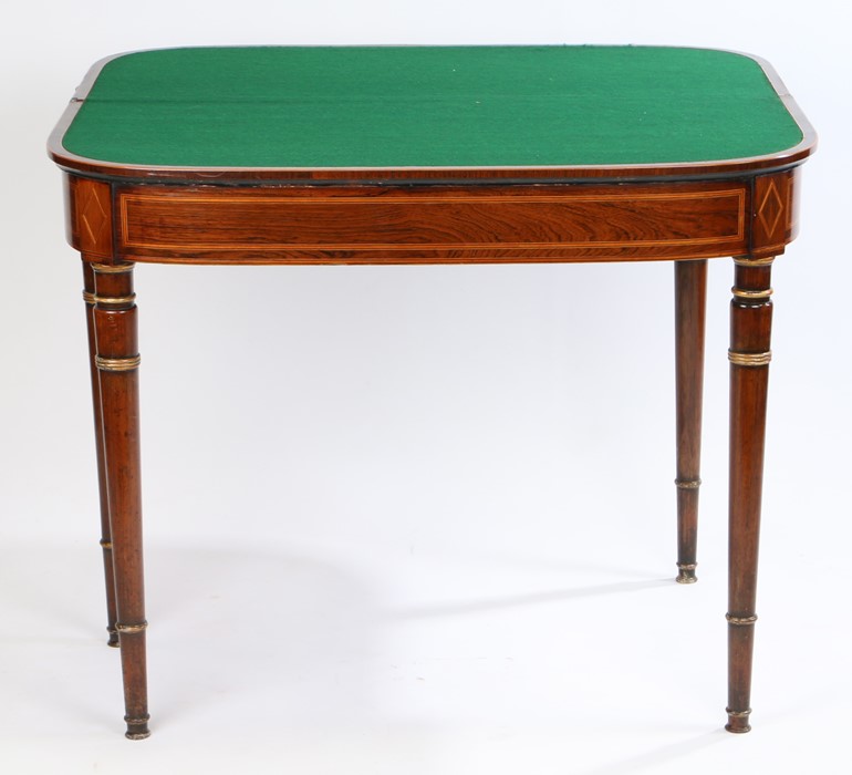 Regency rosewood card table, the hinged rectangular top with cross banding enclosing a baize top - Image 2 of 2