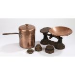Set of 19th Century kitchen scales with copper pan, various graduated scale weights, copper