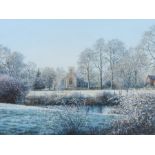 Michael Pettersson (B1939), Wintry landscape with river and church, signed watercolour, housed in
