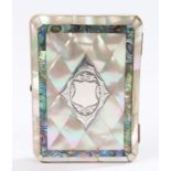 Victorian mother of pearl and silver mounted calling card case, the diamond pattern exterior with