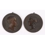 Pair of Victorian Bois Durci portrait relief rondels, of Queen Victoria and Prince Albert, both