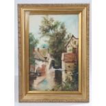 Henrie Pitcher (early 20th Century), mill pond with water wheel to the rear, signed oil on board