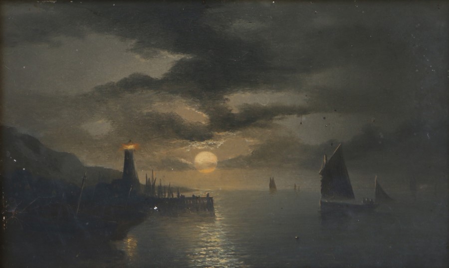 Thomas Lucop (1834-1911), moonlit coastal scene with boats and lighthouse, oil on board, housed in a