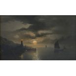 Thomas Lucop (1834-1911), moonlit coastal scene with boats and lighthouse, oil on board, housed in a