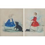Pair of 19th Century naive watercolours depicting a young boy with a stick and hoop and a young girl