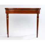 Regency rosewood card table, the hinged rectangular top with cross banding enclosing a baize top