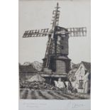 19th Century etching, Lavenham Mill, Suffolk, signed indistinctly to mount, housed in a glazed oak