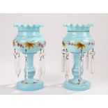 Pair of Victorian blue glass lustres, with hanging clear prismatic drops
