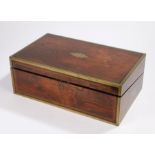 Victorian rosewood writing slope, the brass bound slope opening to reveal a sloping fall, pen tray
