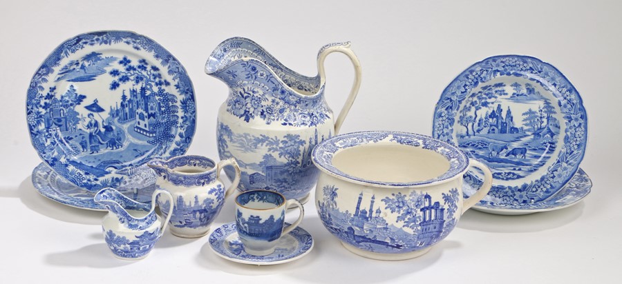 19th Century blue and white transfer decorated pottery, to include a wash basin jug by Davenport,