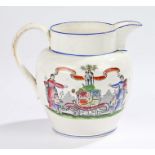 19th Century Oddfellows pearlware jug, hand painted over transfer decorated panels, 16cm high