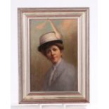 British school, Lady with a white hat, unsigned oil on board, 11cm x 16cm