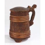 19th Century willow board peg tankard, with a hinged lid above the tapered tankard, 22cm high