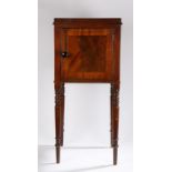 Victorian mahogany pot cupboard, the gallery top above a cupboard door and ring turned tapering