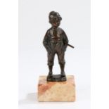 Early 20th Century bronze figure, of a young boy holding a stick, raised on a marble base, 14.5cm