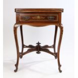 Edwardian mahogany, bone and boxwood inlaid envelope top card table, the folding top opening to