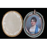 George III period portrait miniature, of a lady with a white dress and blue scarf, black curled