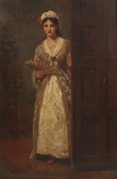 A King, (British 19th Century school) Portrait of a standing lady holding a fan, signed and dated 78