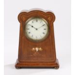 Edwardian walnut mantel clock, the shaped case with stylised foliate mother of pearl and boxwood