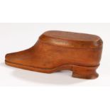 Large 19th Century treen snuff shoe, the hinged lid above a pointed show, 20.5cm long