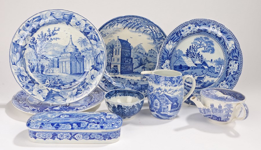 19th Century blue and white transfer decorated pottery, to include a jug with cottage and river