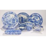 19th Century blue and white transfer decorated pottery, to include a jug with cottage and river