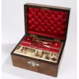 Victorian walnut abalone and bone inlaid sewing box, the hinged lid opening to reveal a red silk