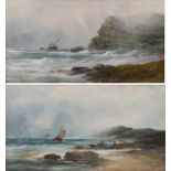 Pair of 19th Century coastal seascapes, depicting waves breaking on rocky coastlines with sailing