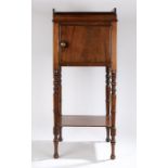 19th Century mahogany pot cupboard, the gallery top above a cupboard door and shelf united legs,