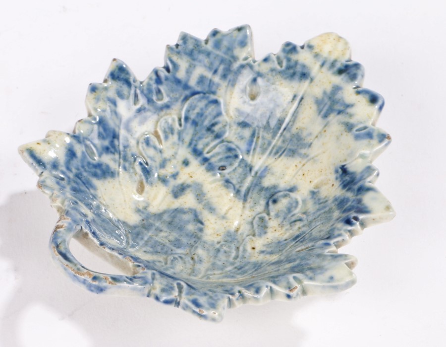 19th Century pickle dish, of small proportions, with leaf moulded bowl and a blue transfer design,