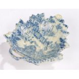 19th Century pickle dish, of small proportions, with leaf moulded bowl and a blue transfer design,