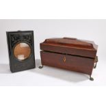 Regency rosewood tea caddy, the sarcophagus body with lion mark handles above paw feet, together